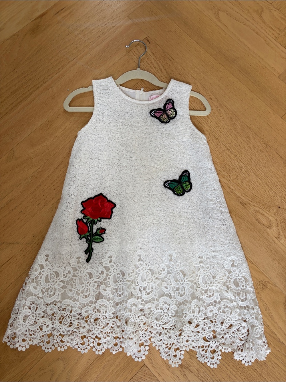 Popatu White Lace-Hem Dress with Red Rose & Butterfly Appliqués